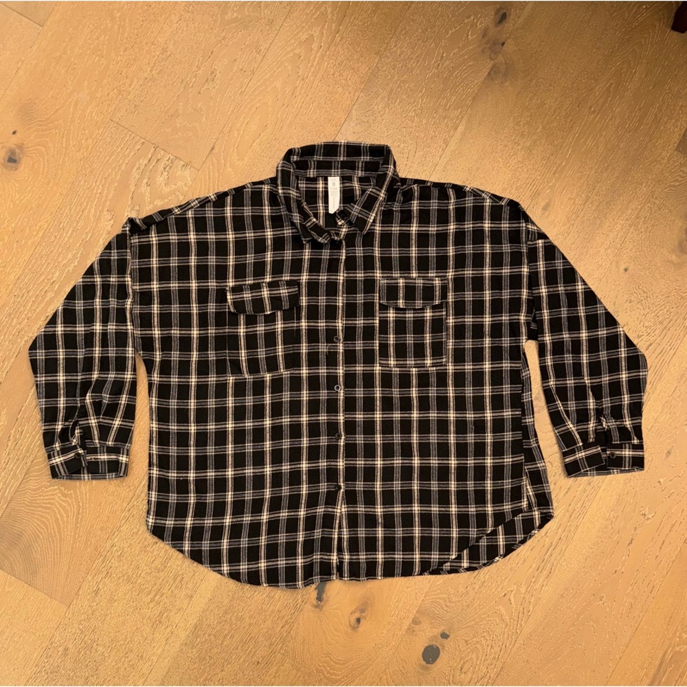 B Womens XXXL Black White Plaid Button Down Flannel Shirt Long Sleeve Oversized